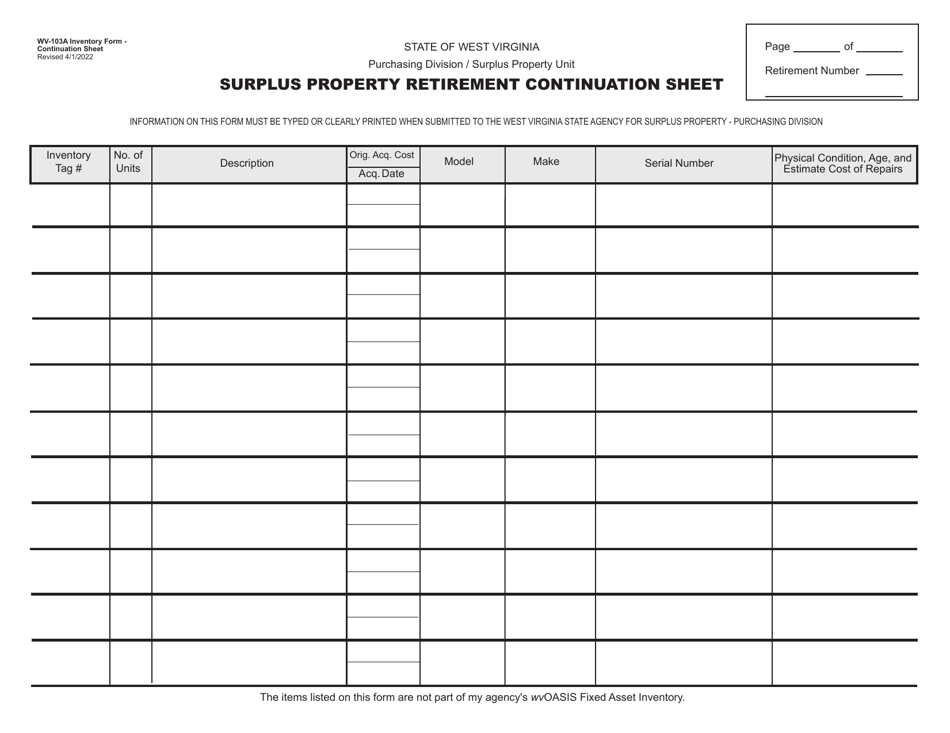 Form WV-103 Surplus Property Retirement Form - West Virginia, Page 2