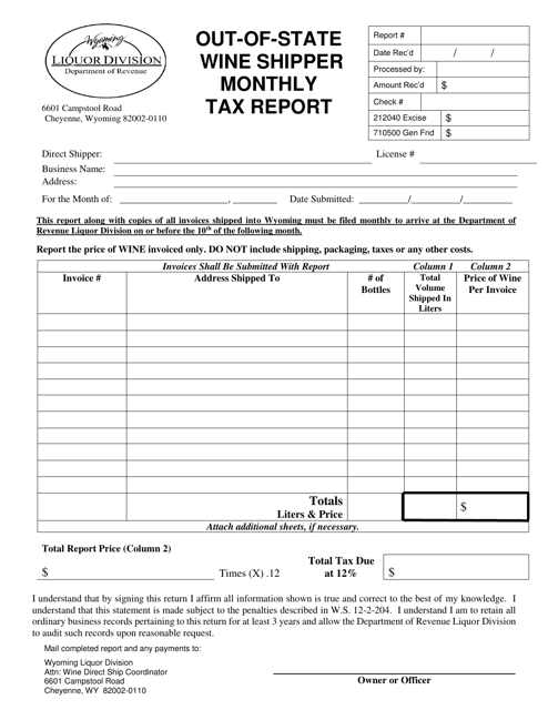 Out-of-State Wine Shipper Monthly Tax Report - Wyoming