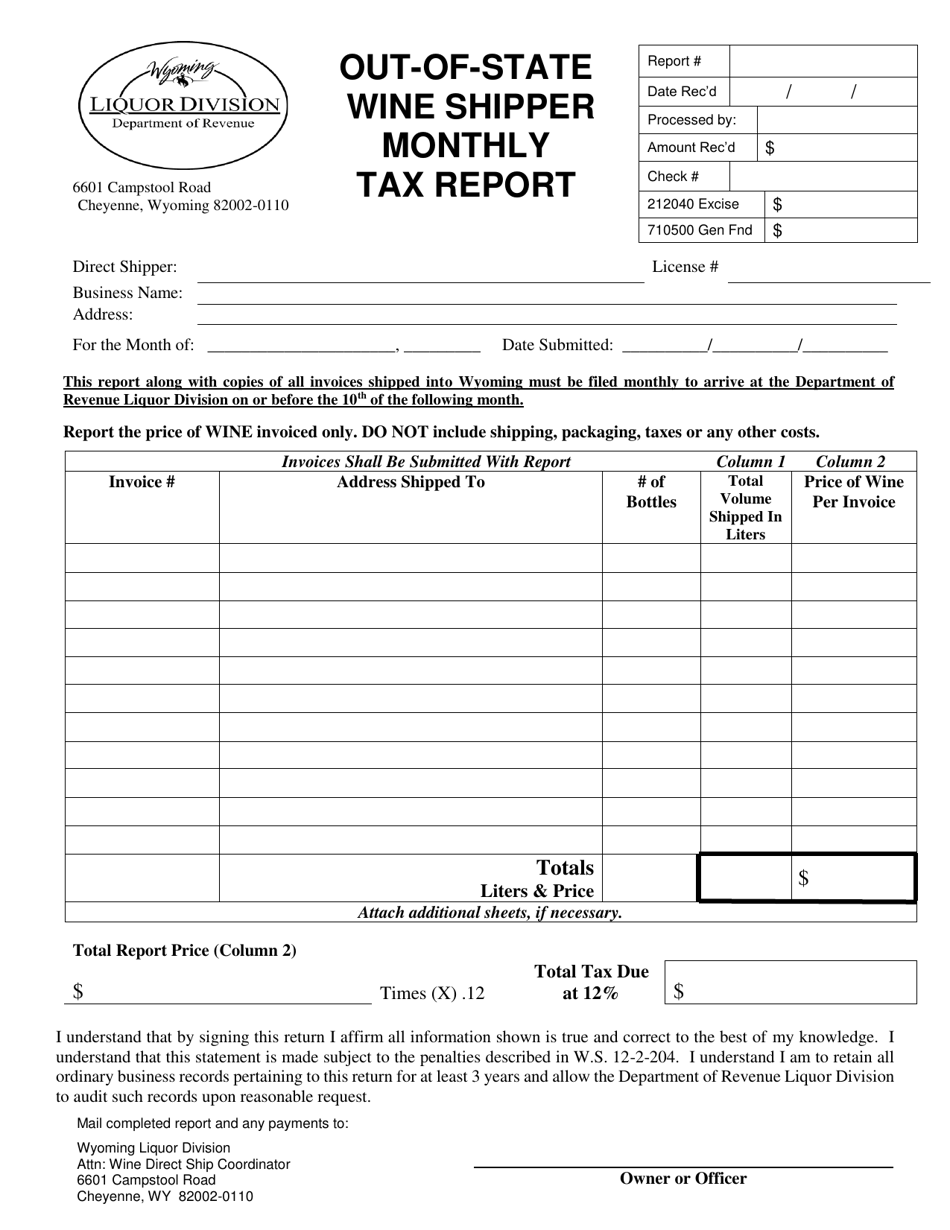 Out-of-State Wine Shipper Monthly Tax Report - Wyoming, Page 1