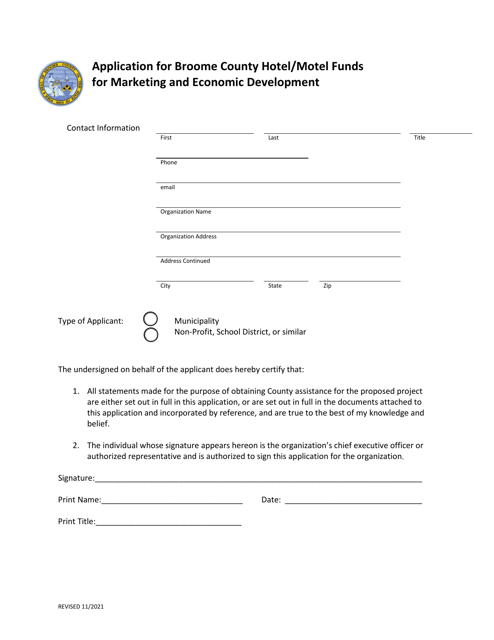 Application for Broome County Hotel / Motel Funds for Marketing and Economic Development - Broome County, New York Download Pdf
