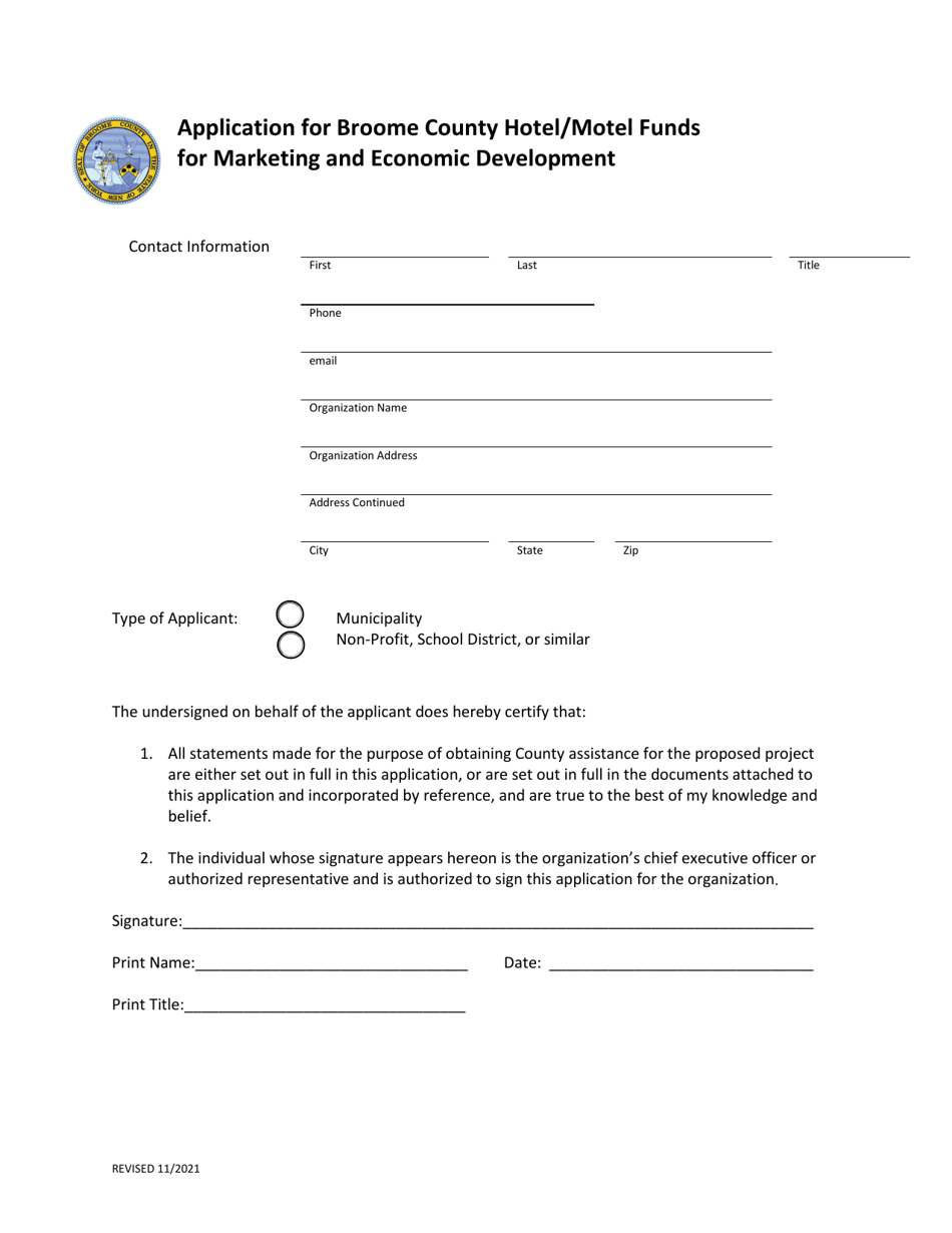 Application for Broome County Hotel / Motel Funds for Marketing and Economic Development - Broome County, New York, Page 1