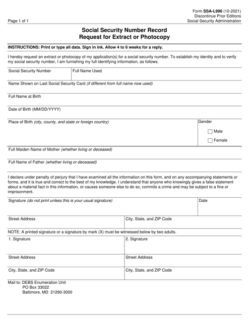 Form SSA-L996 Social Security Number Record Request for Extract or Photocopy