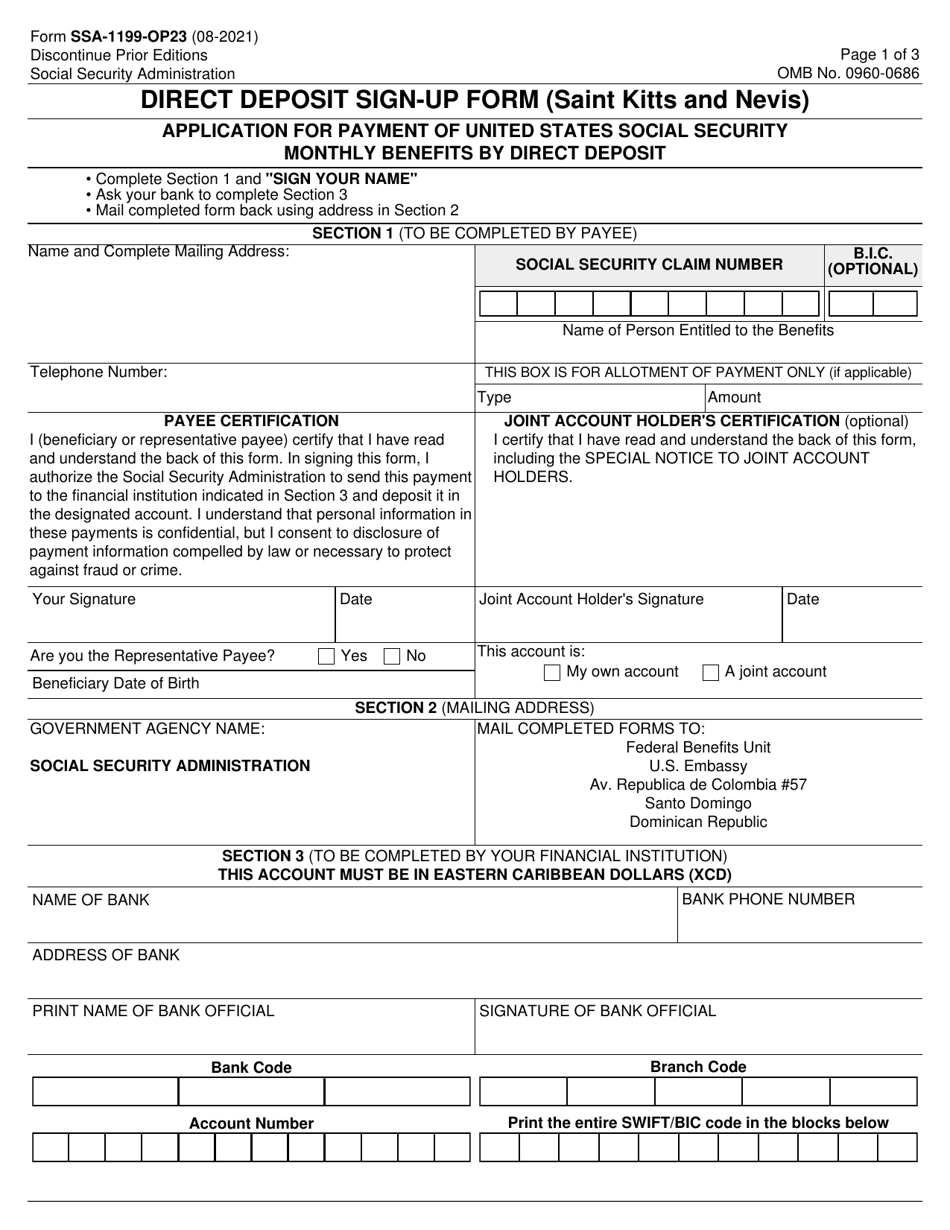 Form SSA-1199-OP23 Direct Deposit Sign-Up Form (Saint Kitts and Nevis), Page 1