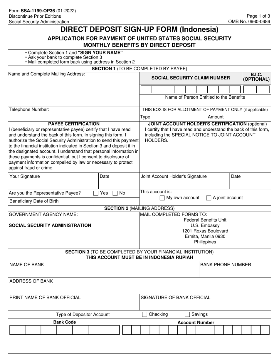Form SSA-1199-OP36 Direct Deposit Sign-Up Form (Indonesia), Page 1
