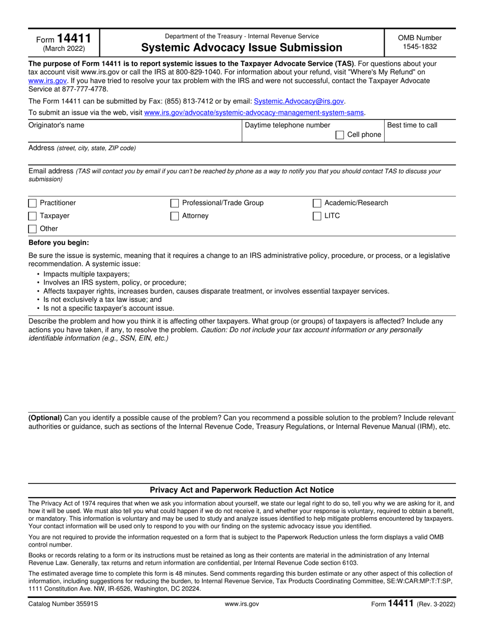 IRS Form 14411 Systemic Advocacy Issue Submission, Page 1