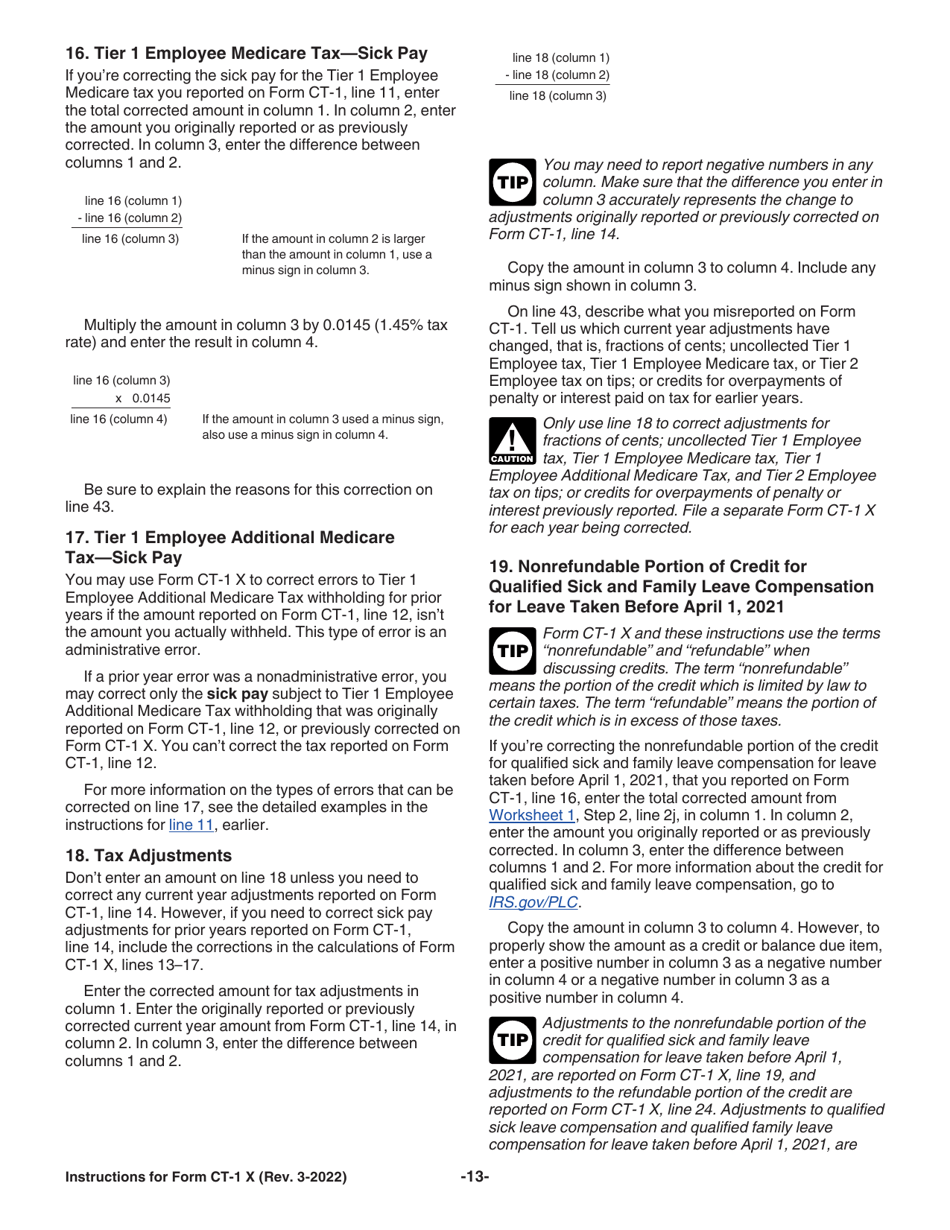 Instructions for IRS Form CT-1 X Adjusted Employers Annual Railroad Retirement Tax Return or Claim for Refund, Page 13