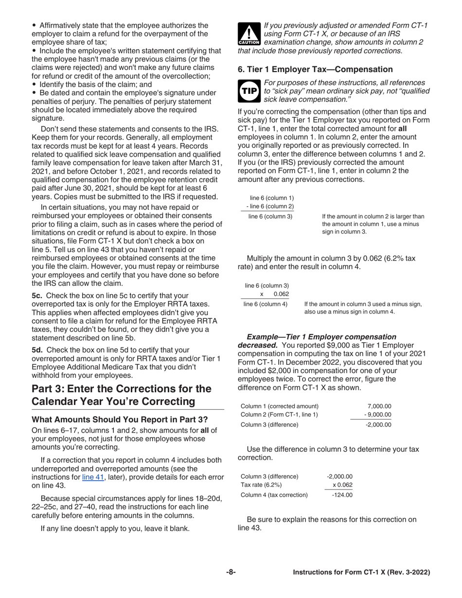 Instructions for IRS Form CT-1 X Adjusted Employers Annual Railroad Retirement Tax Return or Claim for Refund, Page 8