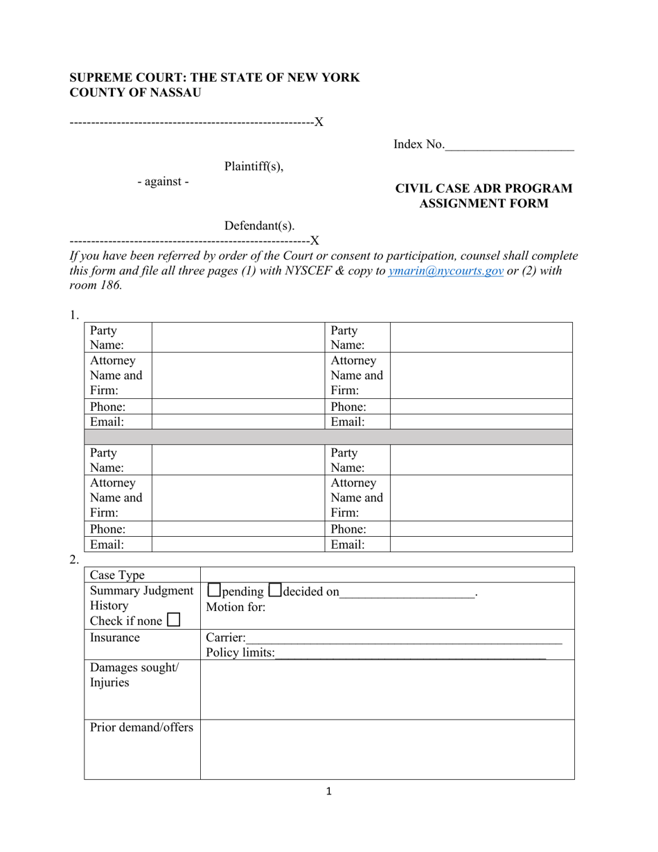 Civil Case Adr Program Assignment Form - Nassau County, New York, Page 1