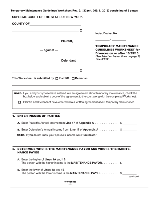 Temporary Maintenance Guidelines Worksheet for Divorces on or After 10 / 25 / 15 - New York Download Pdf