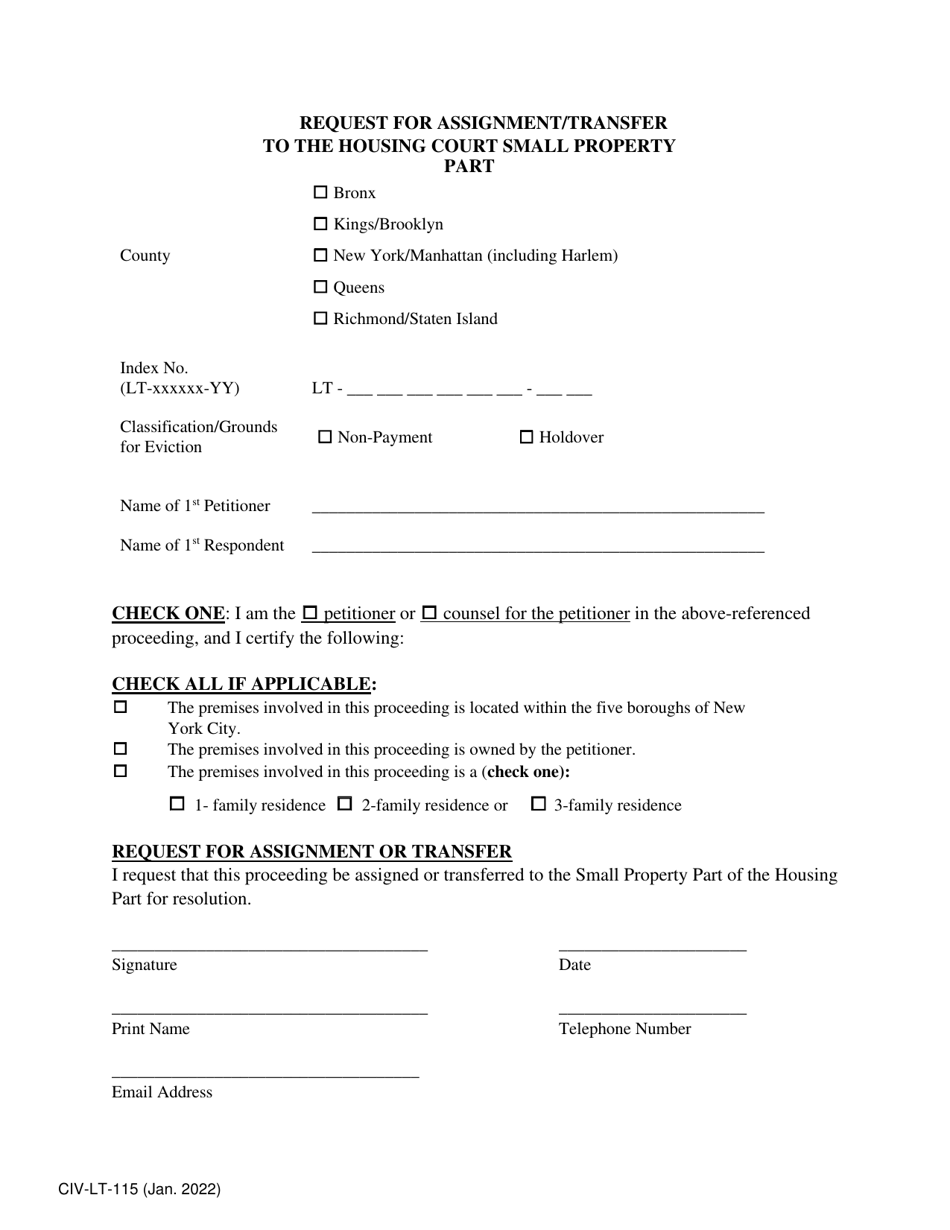 Form CIV-LT-115 Request for Assignment/Transfer to the Housing Court Small Property Part - New York City, Page 1