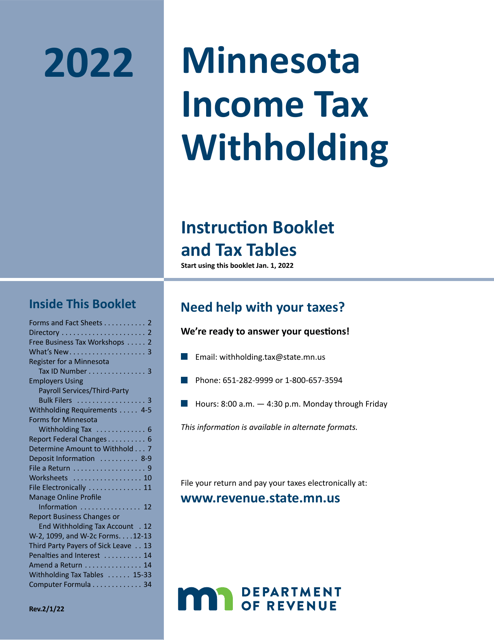 Minnesota Income Tax Withholding Instruction Booklet - Minnesota Download Pdf