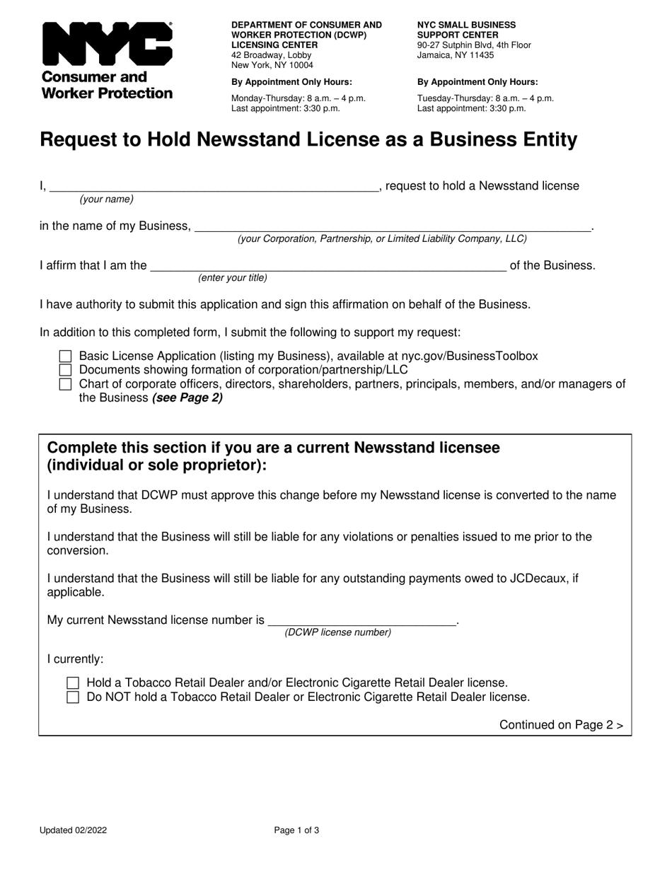 Request to Hold Newsstand License as a Business Entity - New York City, Page 1