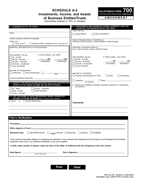 FPPC Form 700 Schedule A-2 2022 Printable Pdf