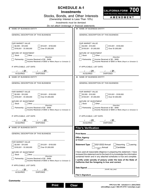 FPPC Form 700 Schedule A-1 2022 Printable Pdf