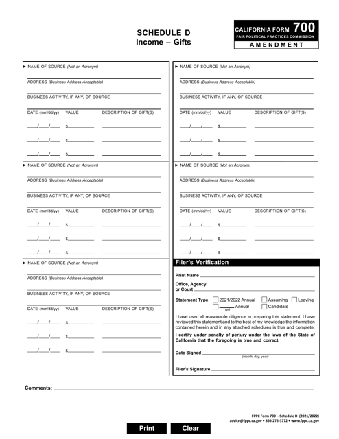 FPPC Form 700 Schedule D 2022 Printable Pdf