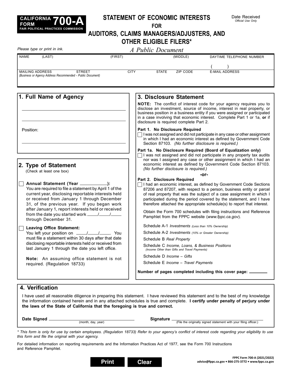 FPPC Form 700-A Statement of Economic Interests for Auditors, Claims Managers / Adjusters, and Other Eligible Filers - California, Page 1