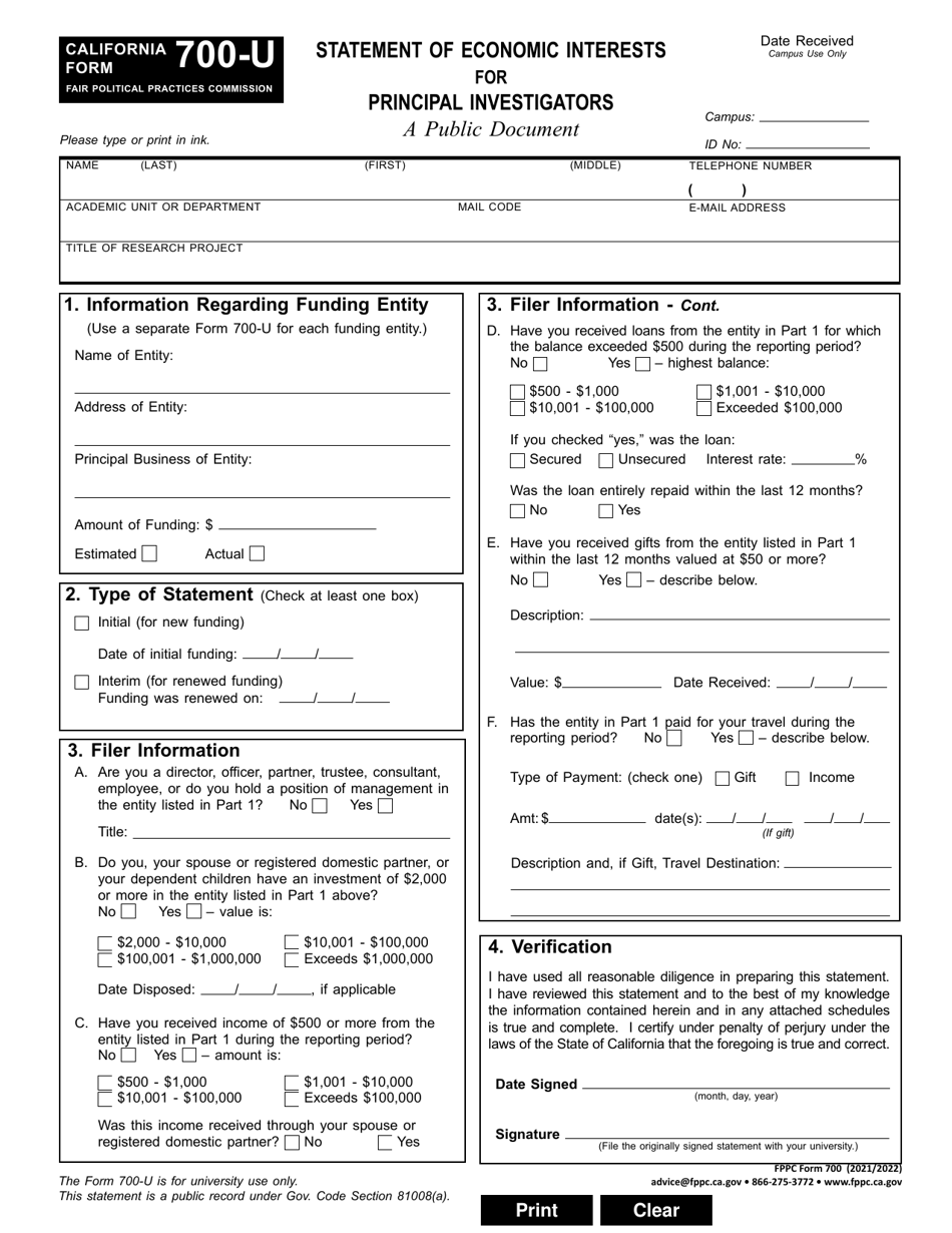 Fppc Form 700 U 2022 Fill Out Sign Online And Download Fillable Pdf California