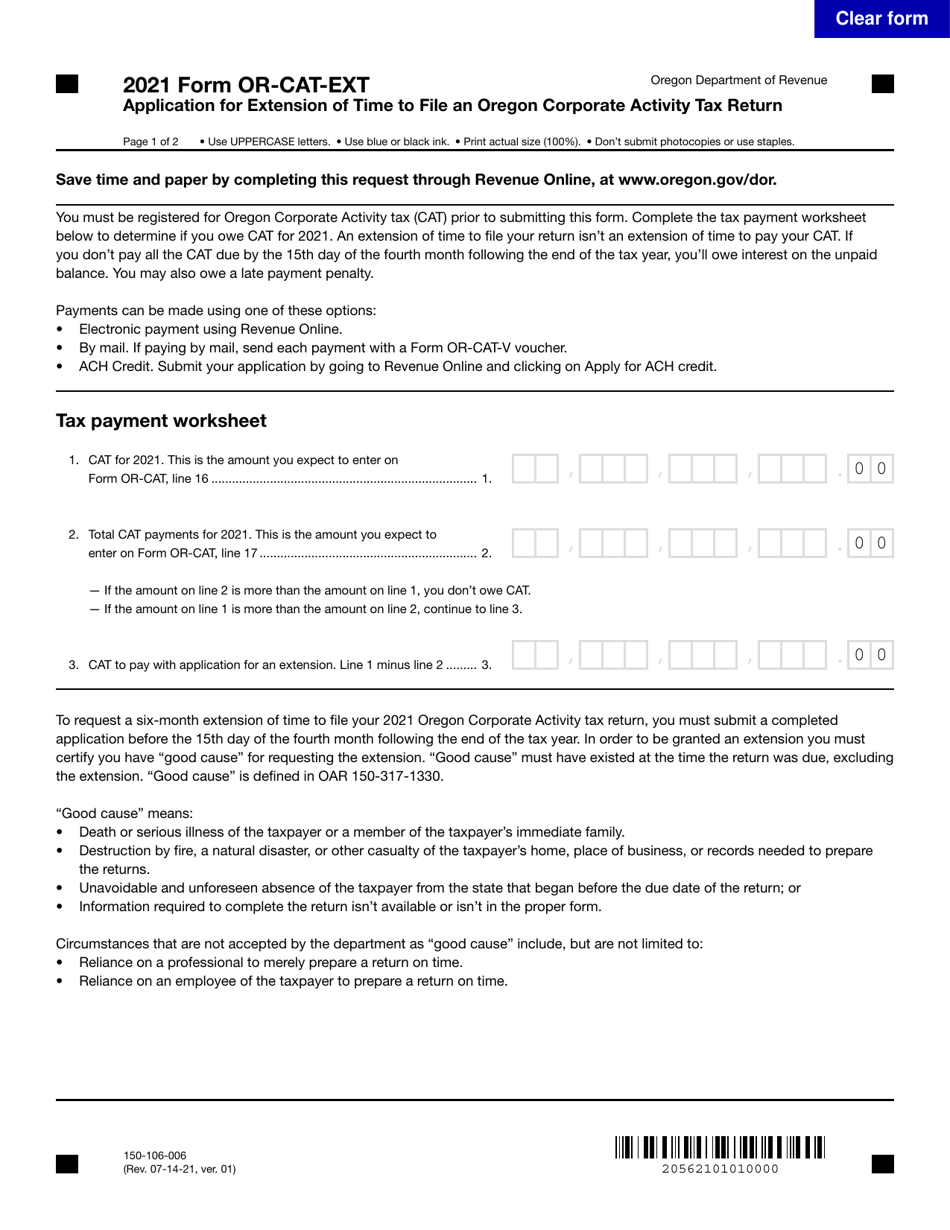 Form OR-CAT-EXT (150-106-006) Application for Extension of Time to File an Oregon Corporate Activity Tax Return - Oregon, Page 1