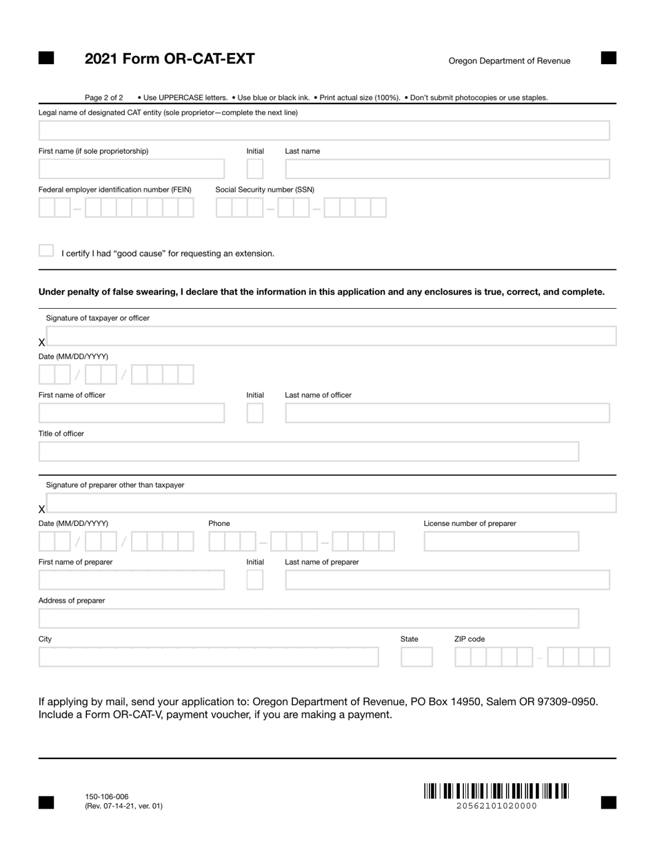 Form OR-CAT-EXT (150-106-006) Application for Extension of Time to File an Oregon Corporate Activity Tax Return - Oregon, Page 2