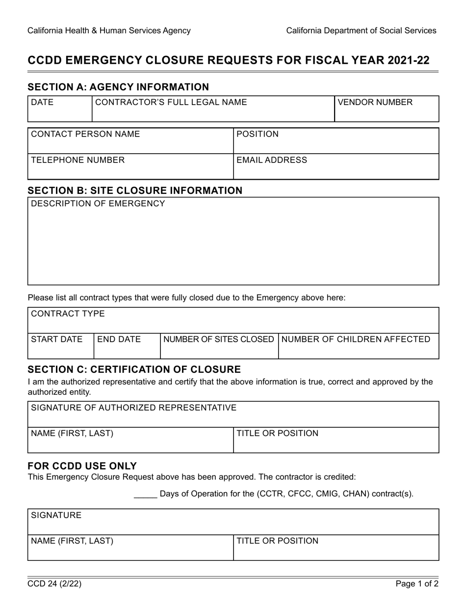 Form CCD24 Ccdd Emergency Closure Requests - California, Page 1