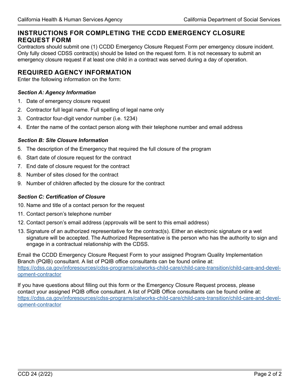 Form CCD24 Ccdd Emergency Closure Requests - California, Page 2
