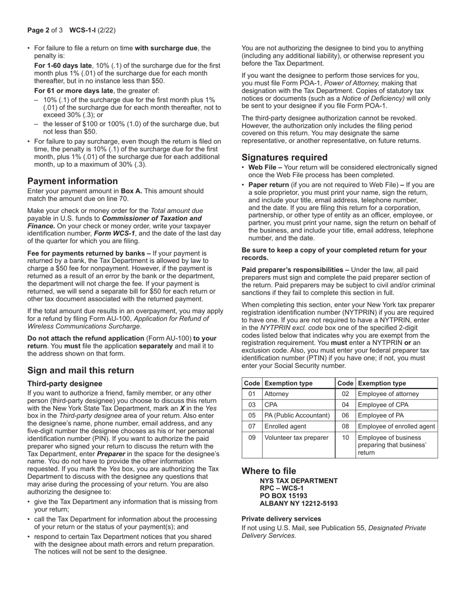 Instructions for Form WCS-1 Postpaid Wireless Communications Surcharge Return - New York, Page 2