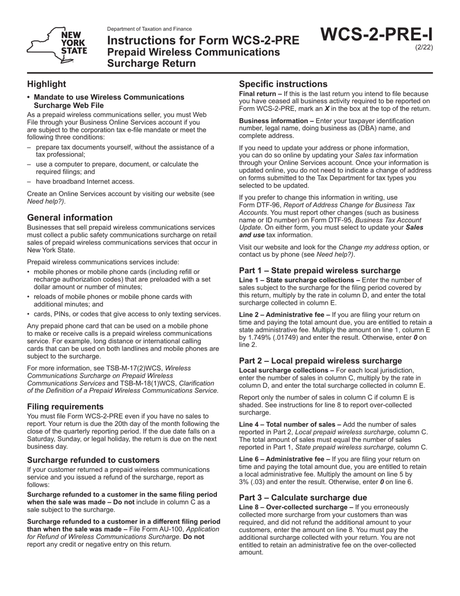 Instructions for Form WCS-2-PRE Prepaid Wireless Communications Surcharge Return - New York, Page 1