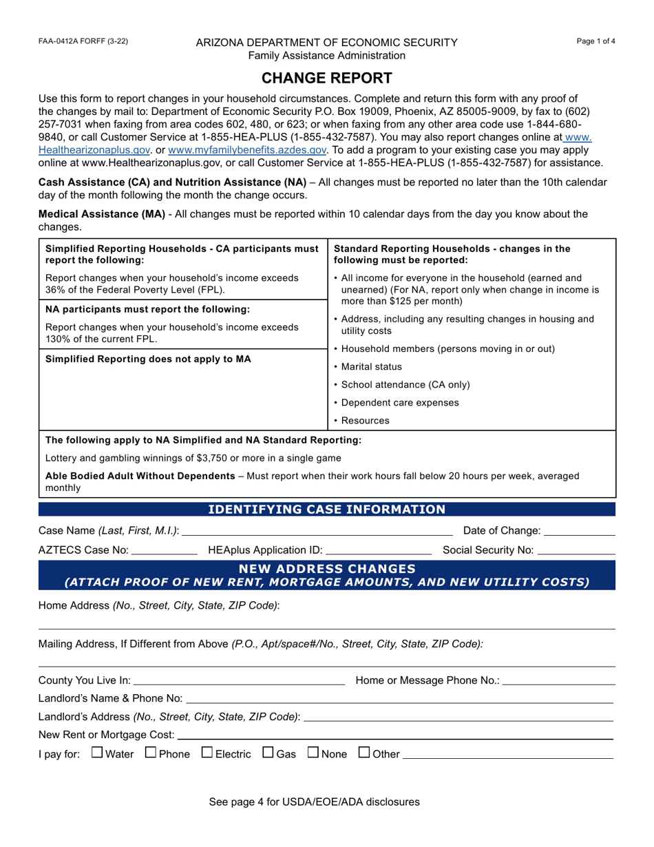 Form FAA-0412A Change Report - Arizona, Page 1