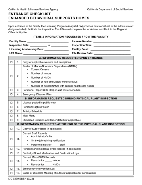 Form LIC9239 EBSH  Printable Pdf