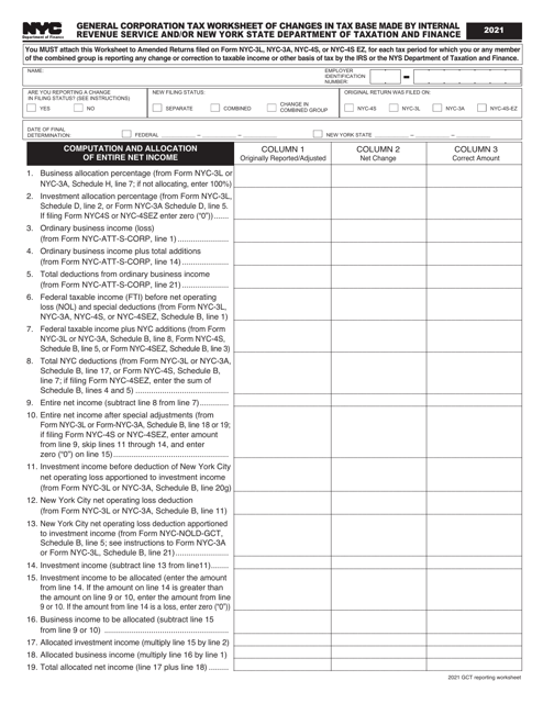 General Corporation Tax Worksheet of Changes in Tax Base Made by Internal Revenue Service and / or New York State Department of Taxation and Finance - New York City Download Pdf