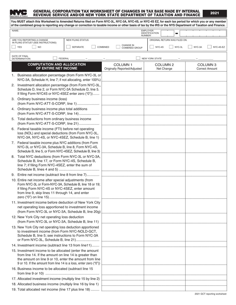 General Corporation Tax Worksheet of Changes in Tax Base Made by Internal Revenue Service and / or New York State Department of Taxation and Finance - New York City, Page 1