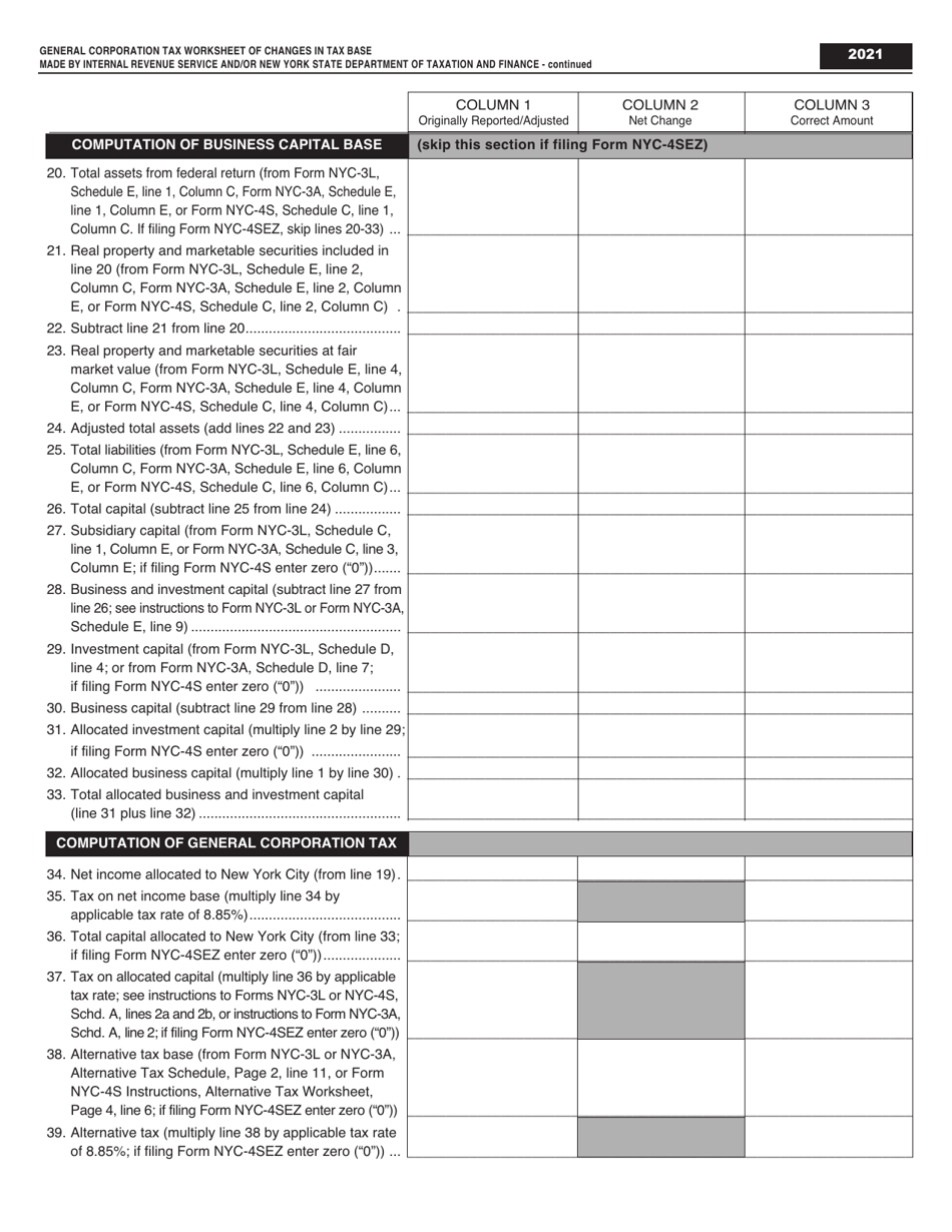 General Corporation Tax Worksheet of Changes in Tax Base Made by Internal Revenue Service and / or New York State Department of Taxation and Finance - New York City, Page 2