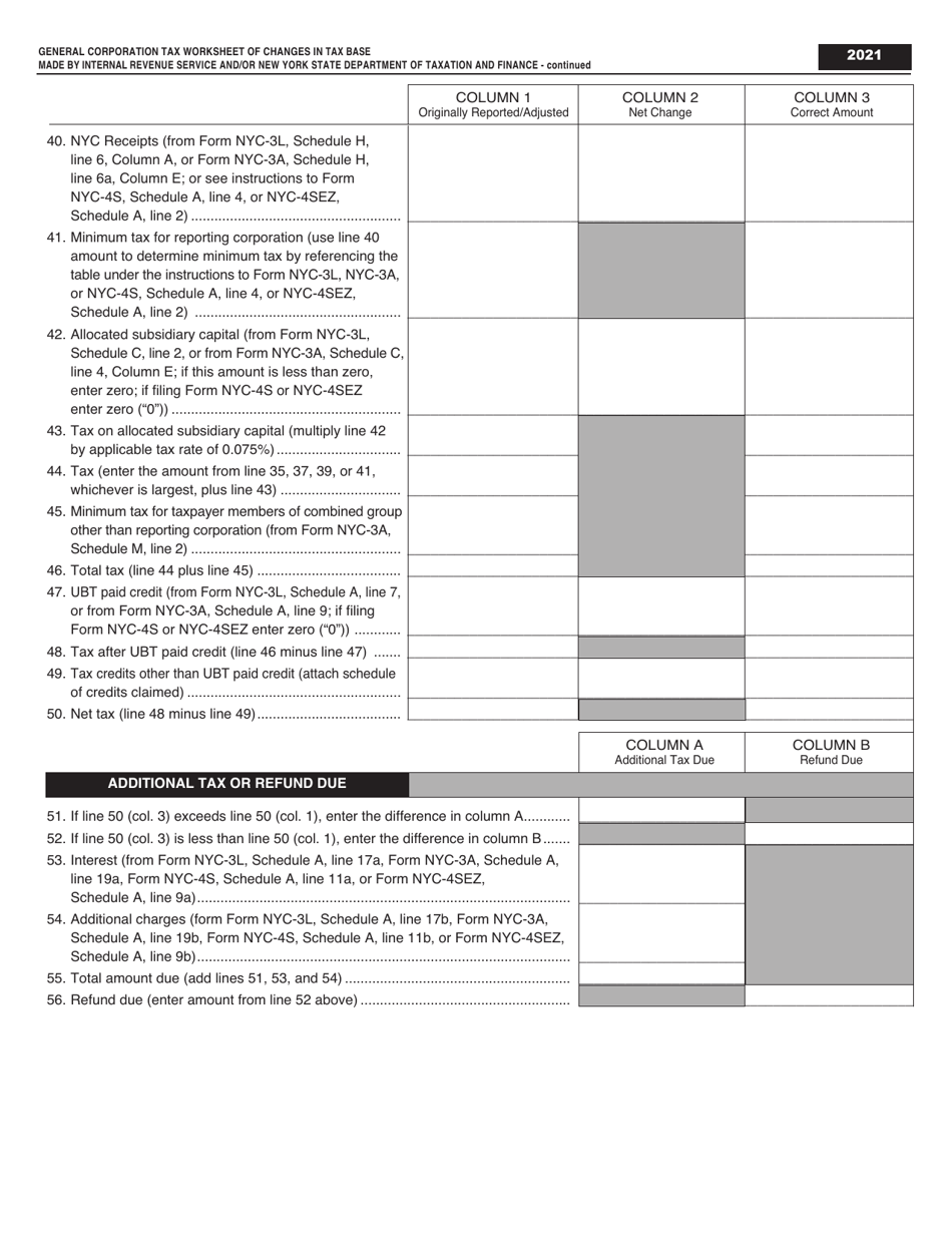 General Corporation Tax Worksheet of Changes in Tax Base Made by Internal Revenue Service and / or New York State Department of Taxation and Finance - New York City, Page 3
