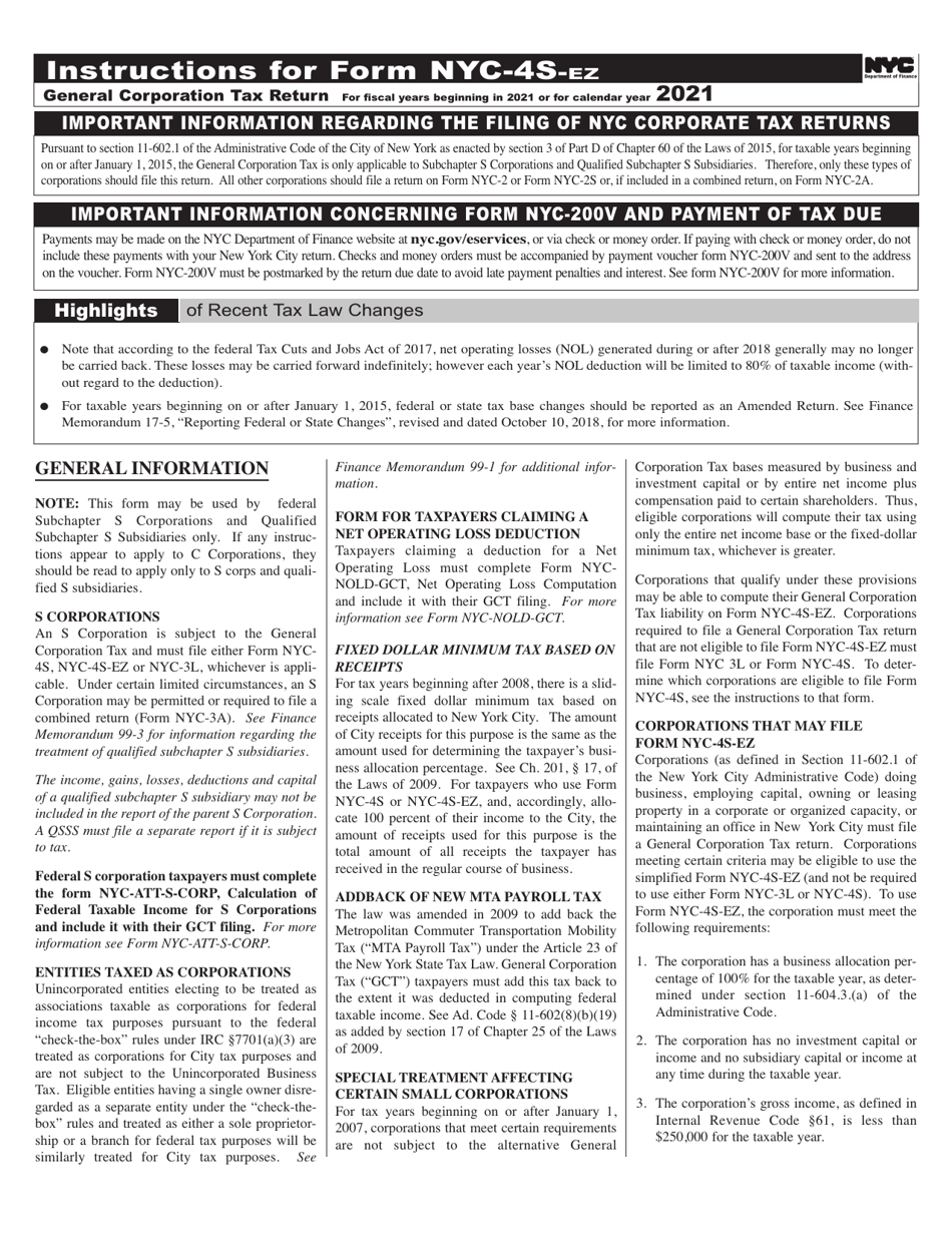 Instructions for Form NYC-4S-EZ General Corporation Tax Return - New York City, Page 1