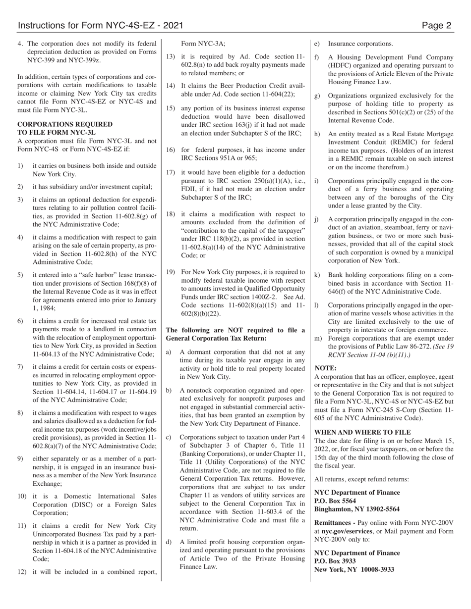 Instructions for Form NYC-4S-EZ General Corporation Tax Return - New York City, Page 2