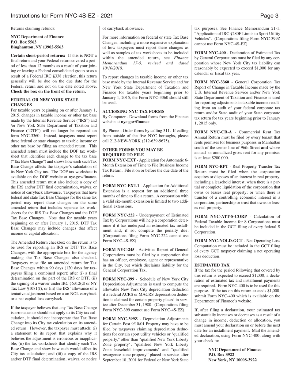 Instructions for Form NYC-4S-EZ General Corporation Tax Return - New York City, Page 3