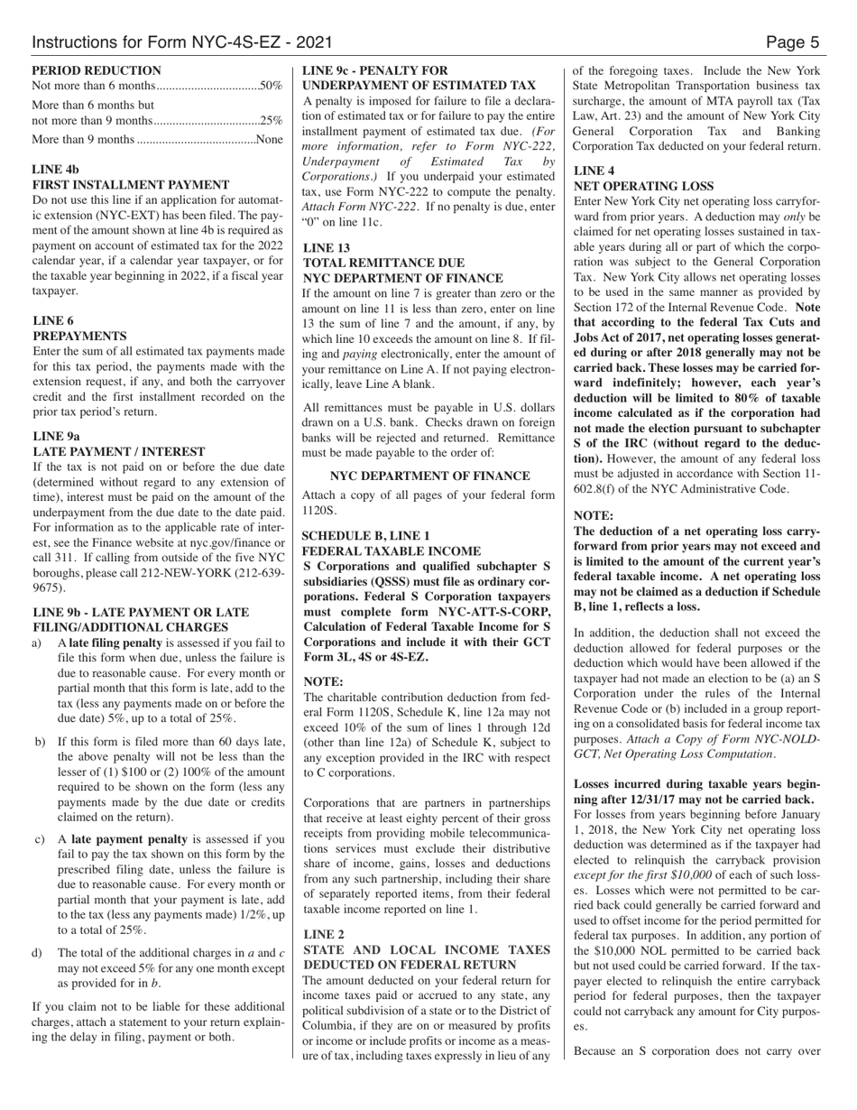 Instructions for Form NYC-4S-EZ General Corporation Tax Return - New York City, Page 5