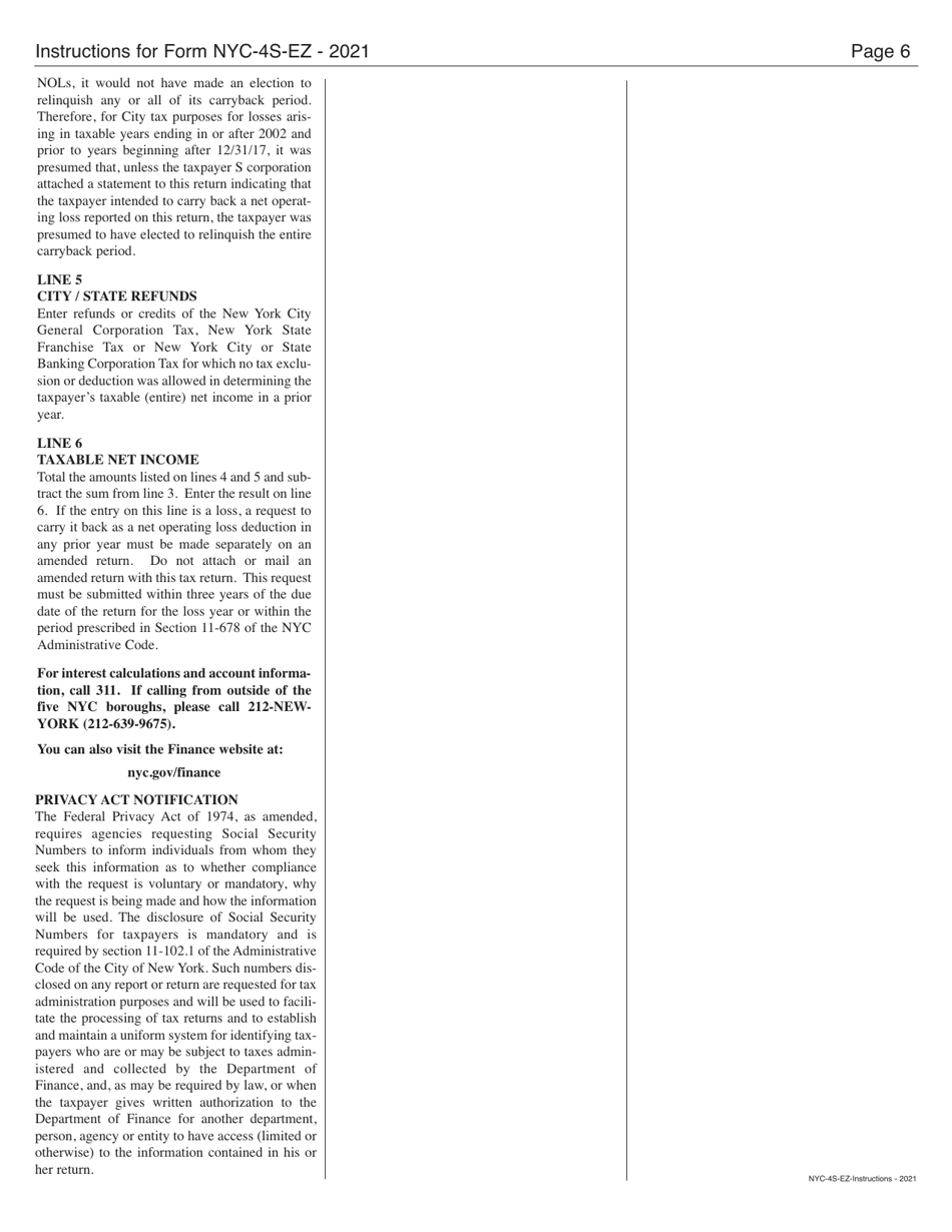 Instructions for Form NYC-4S-EZ General Corporation Tax Return - New York City, Page 6