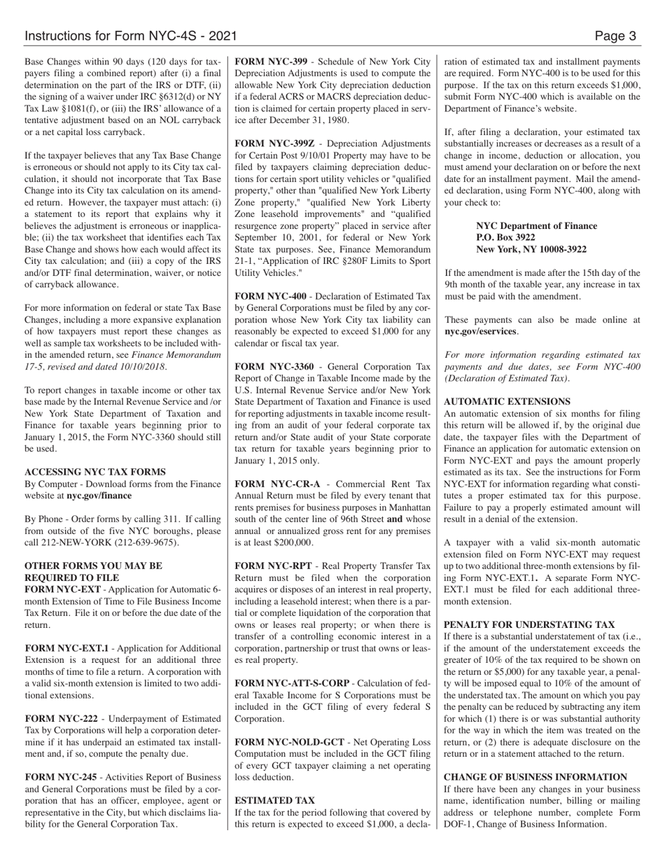 Instructions for Form NYC-4S General Corporation Tax Return - New York City, Page 3