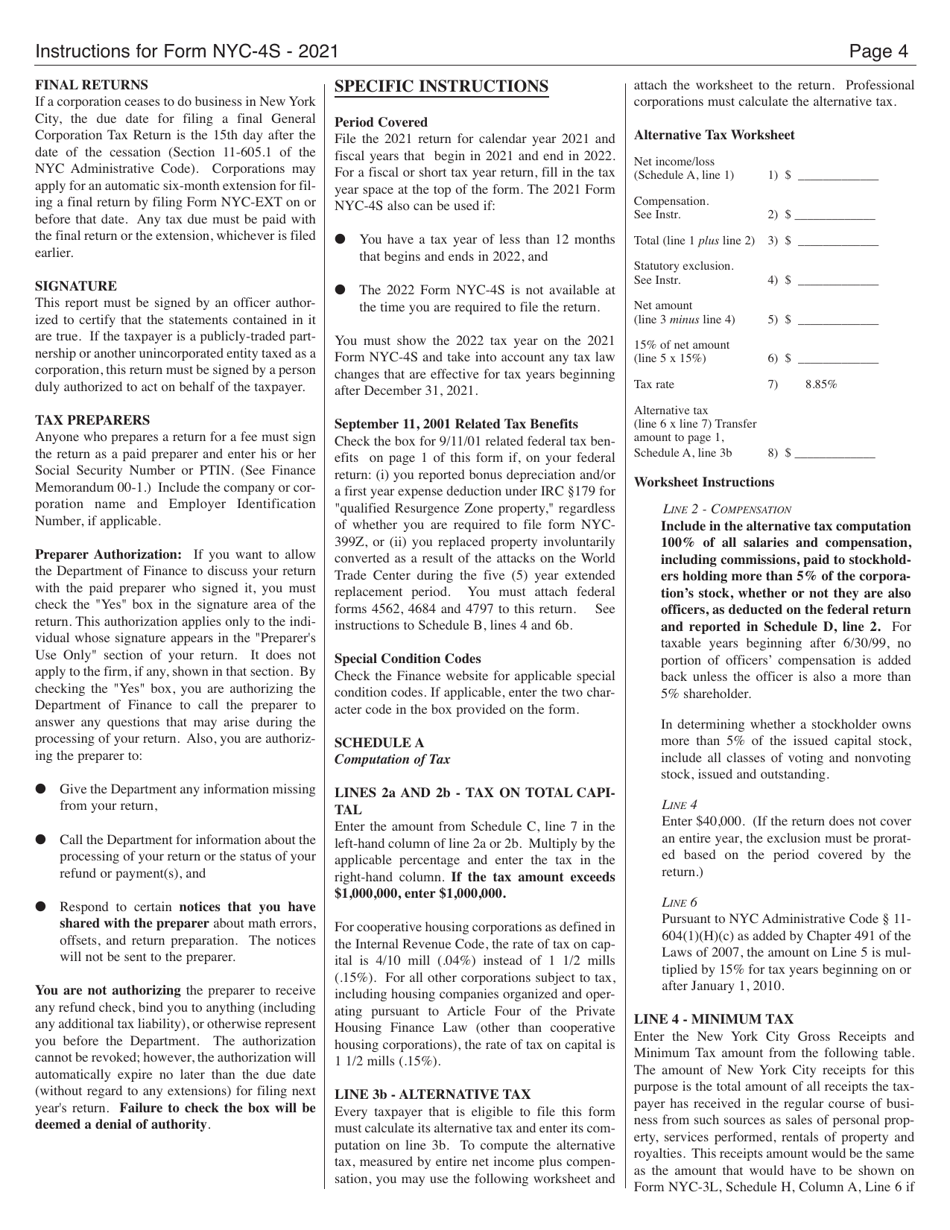 Instructions for Form NYC-4S General Corporation Tax Return - New York City, Page 4
