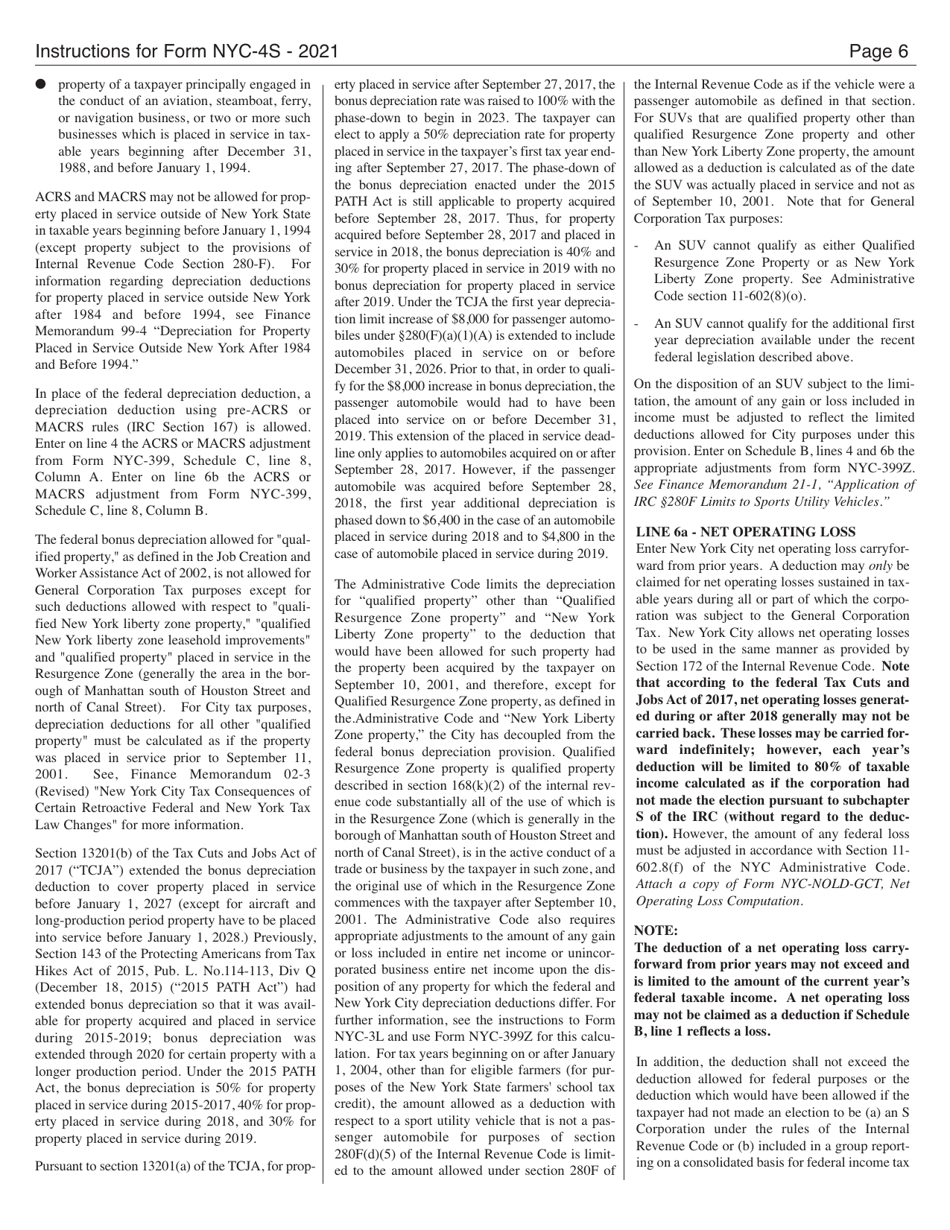 Instructions for Form NYC-4S General Corporation Tax Return - New York City, Page 6