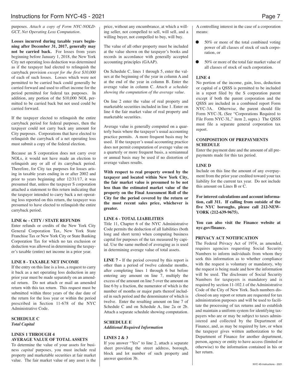 Instructions for Form NYC-4S General Corporation Tax Return - New York City, Page 7
