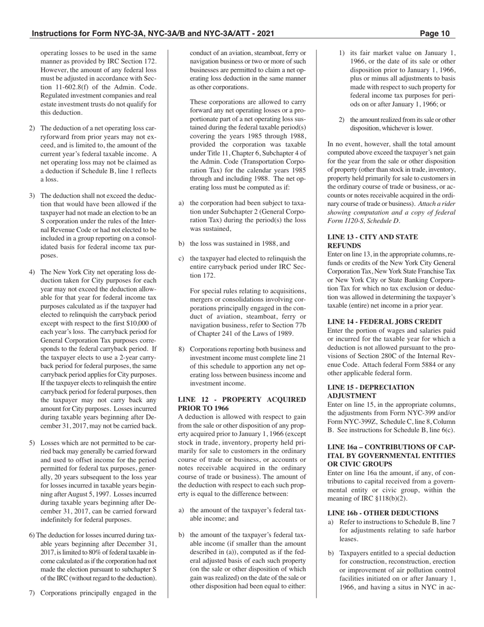 Instructions for Form NYC-3A, NYC-3A / B, NYC-3A / ATT - New York City, Page 10