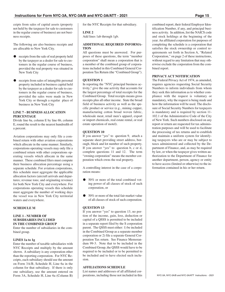 Instructions for Form NYC-3A, NYC-3A / B, NYC-3A / ATT - New York City, Page 15