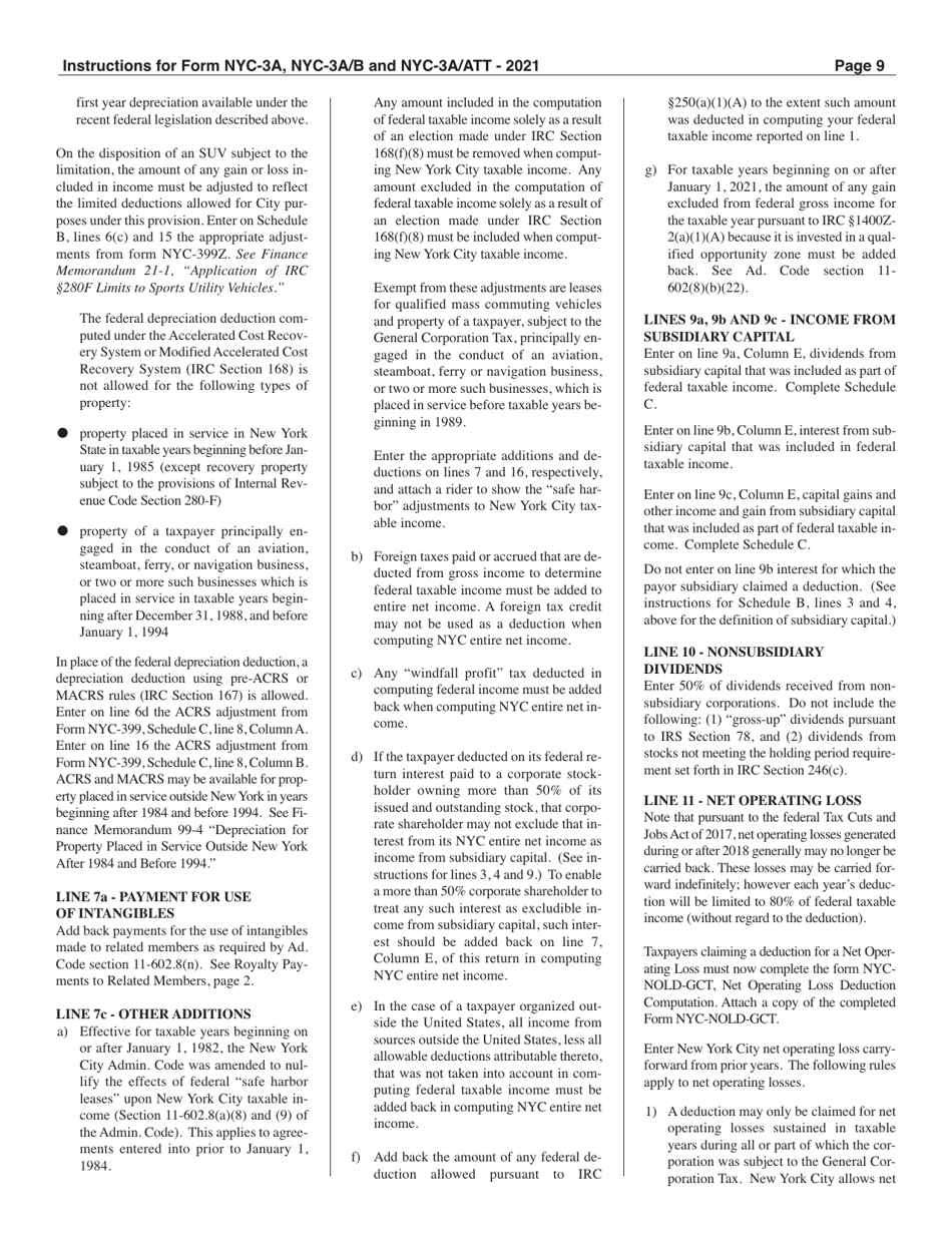Instructions for Form NYC-3A, NYC-3A / B, NYC-3A / ATT - New York City, Page 9
