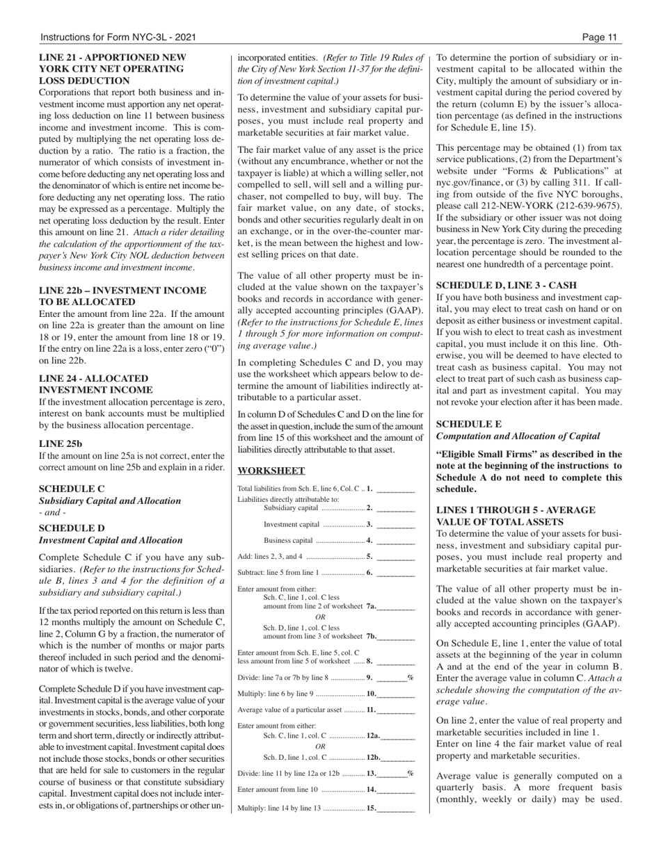 Instructions for Form NYC-3L General Corporation Tax Return - New York City, Page 11