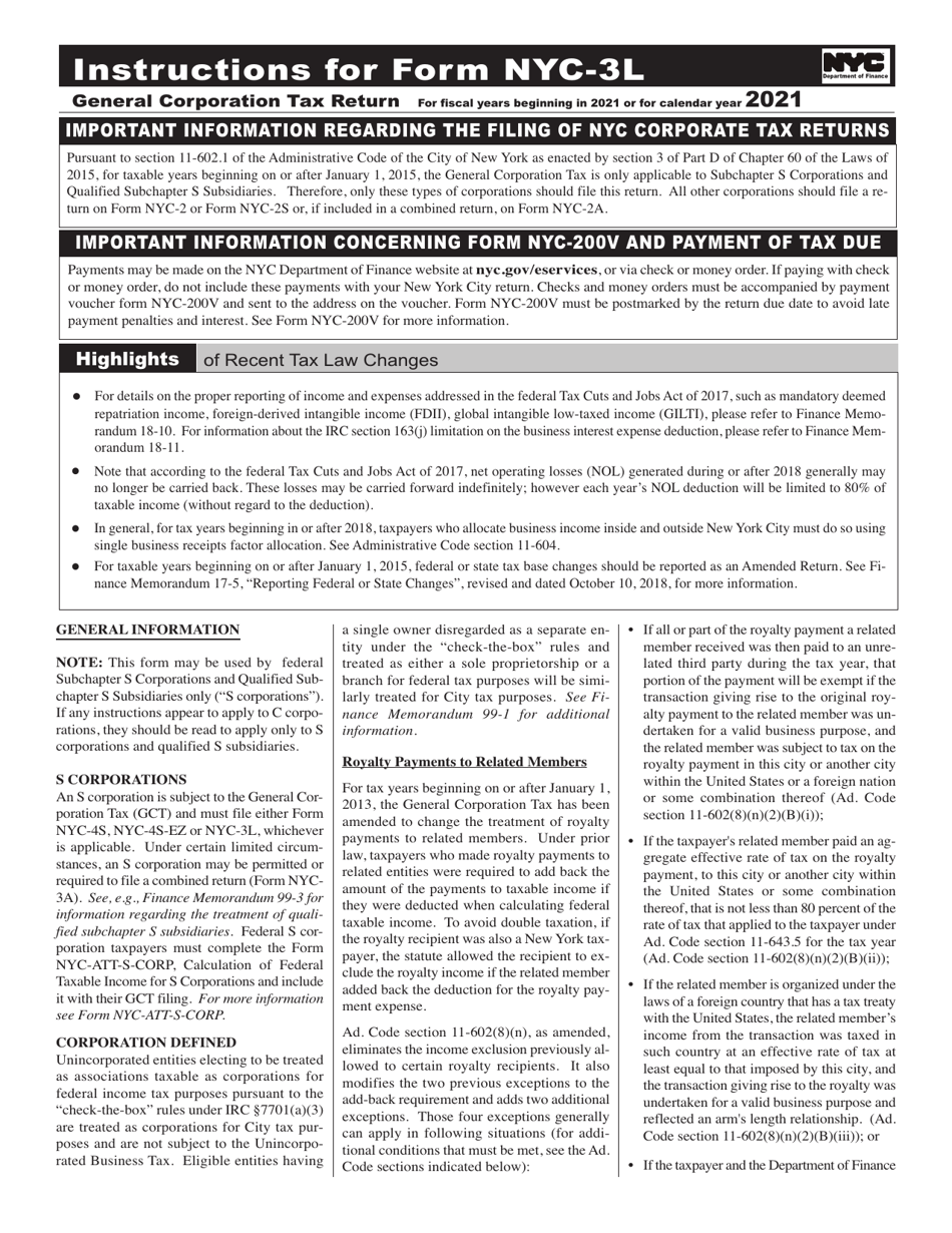 Instructions for Form NYC-3L General Corporation Tax Return - New York City, Page 1