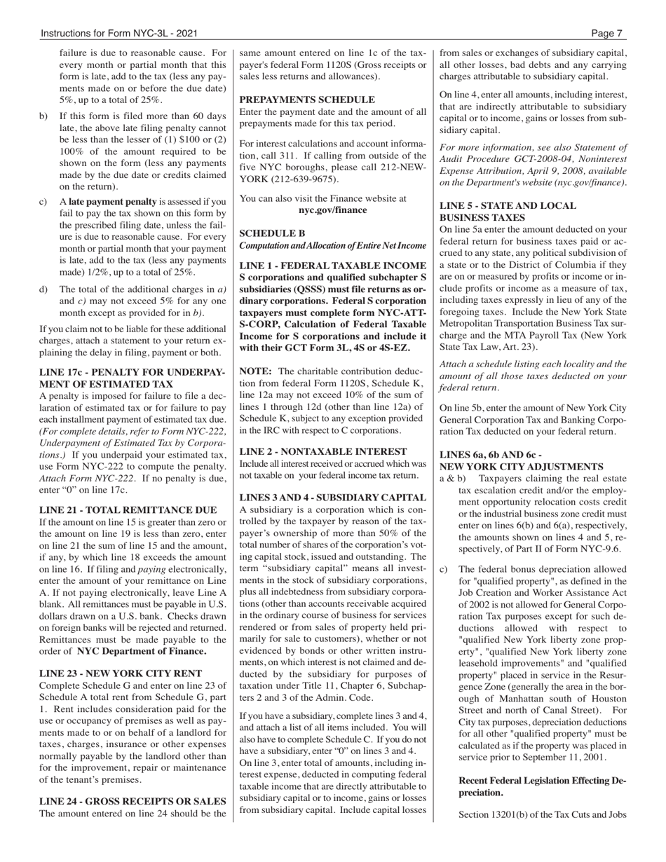 Instructions for Form NYC-3L General Corporation Tax Return - New York City, Page 7