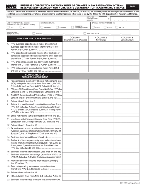 Business Corporation Tax Worksheet of Changes in Tax Base Made by Internal Revenue Service and / or New York State Department of Taxation and Finance - New York City Download Pdf