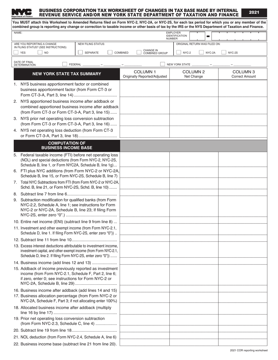Business Corporation Tax Worksheet of Changes in Tax Base Made by Internal Revenue Service and / or New York State Department of Taxation and Finance - New York City, Page 1